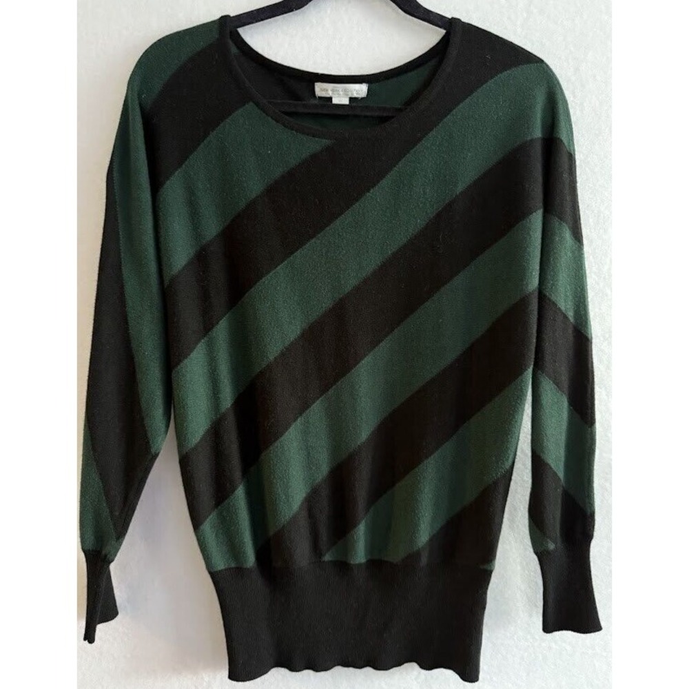 New York & Company‎ Sweater Women XS Green Black Stiped  Long Sleeve Crew Neck